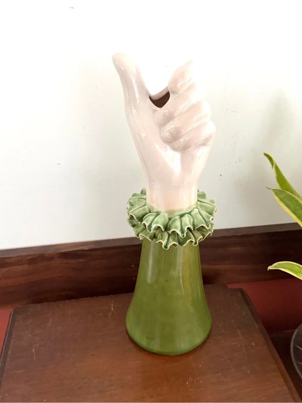 Vintage Green Ruffle Sleeve Ceramic Hand Vase Kitschy Mid Century Decor Coquette